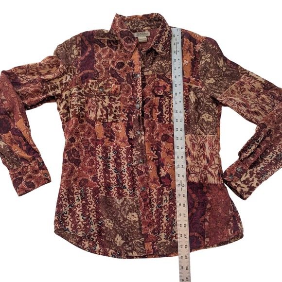 Lucky Brand Button Down Women S Brown Silk Patchwork Print Long Sleeve Blouse - Picture 4 of 11